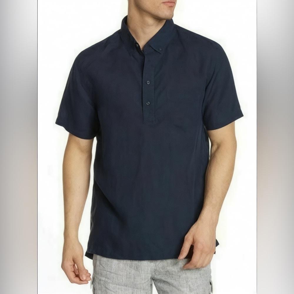 Onia Josh 100% Linen Regular Fit Popover Short Sleeved Shirt In Navy Blue Sz M